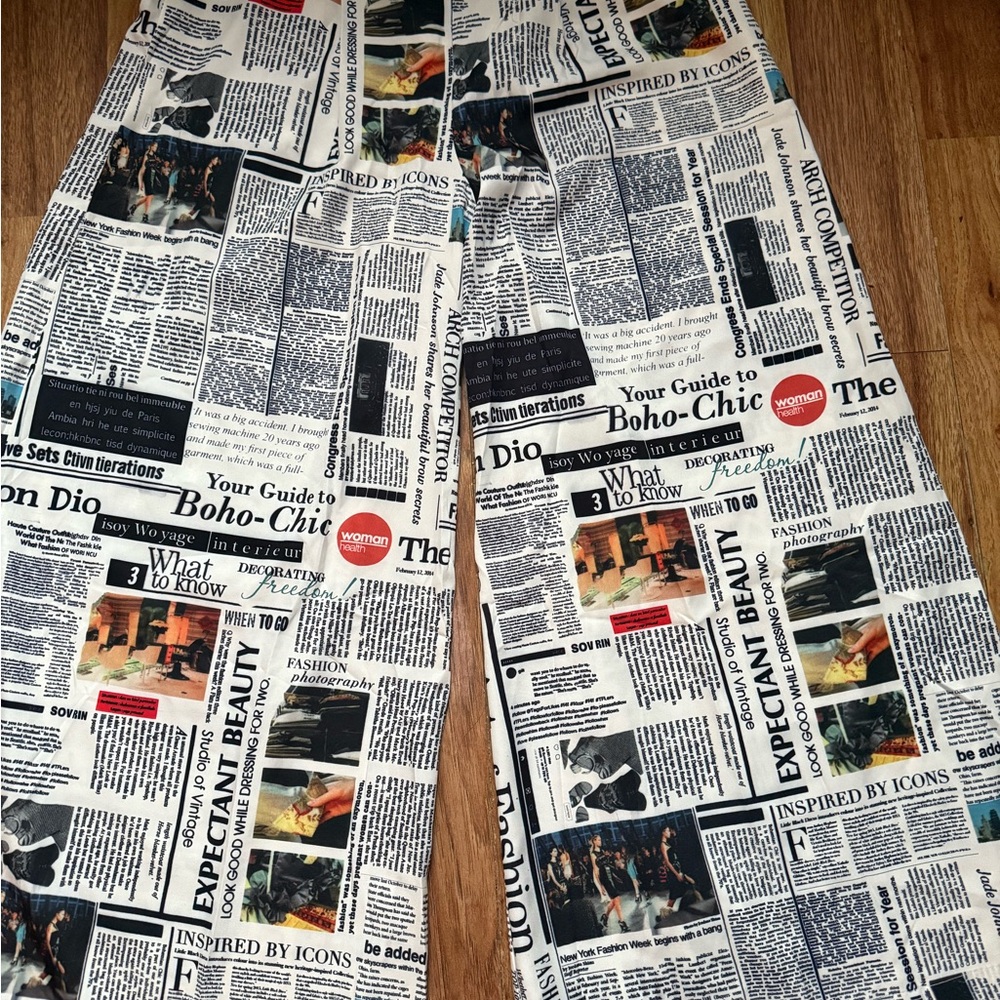 Black and White Wide Leg Newspaper Print Pants